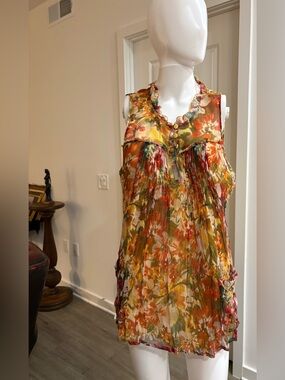 Elena Solano silk Sleeveless Floral Ruffle-Trim Blouse in Orange & Olive